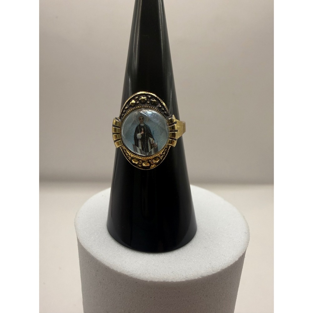 Vtg Germany Religious Saint Portrait Glass Cabochon‎ Adjustable Ring Gold Tone